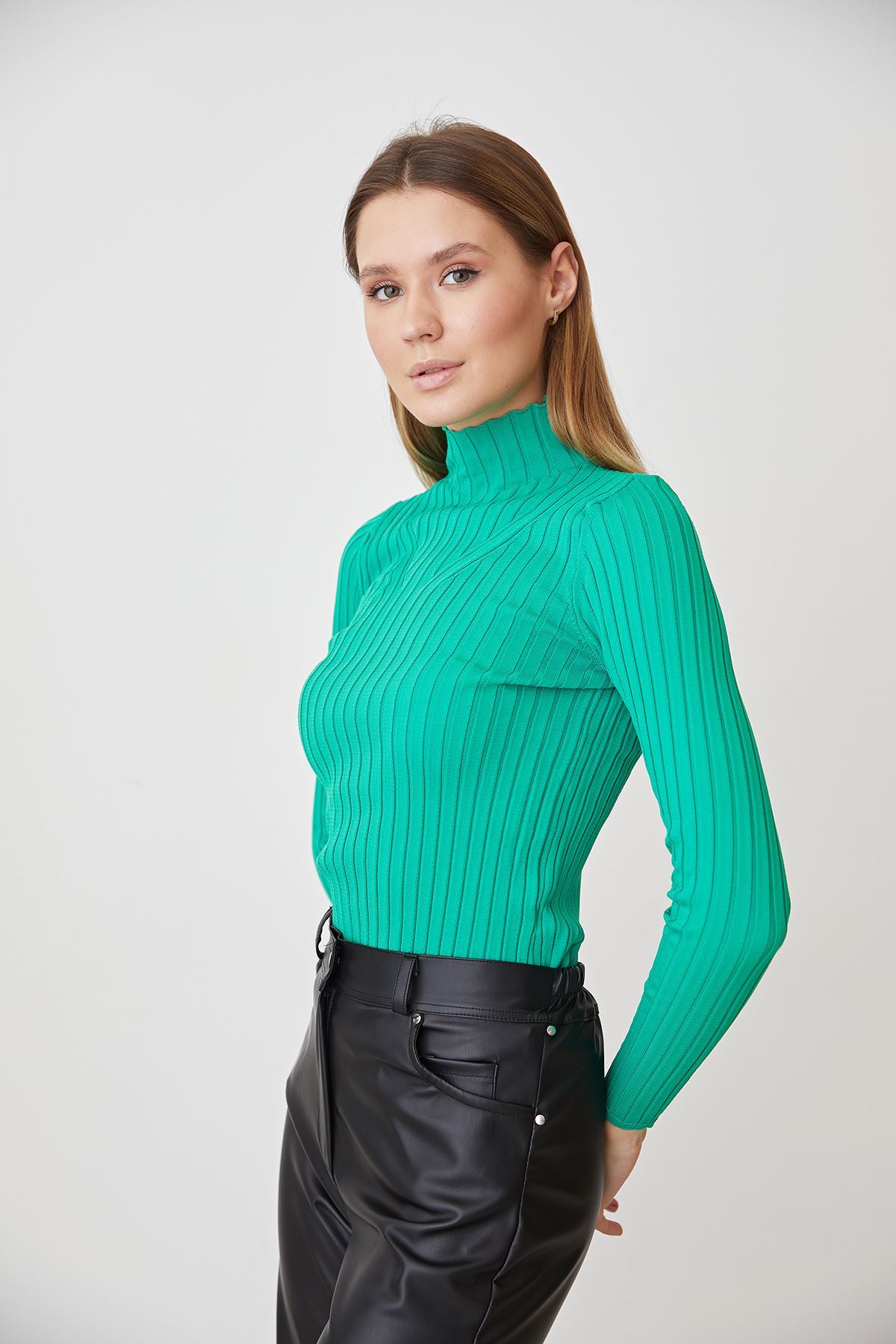 Dik Yaka Triko Bluz-Açık Yeşil